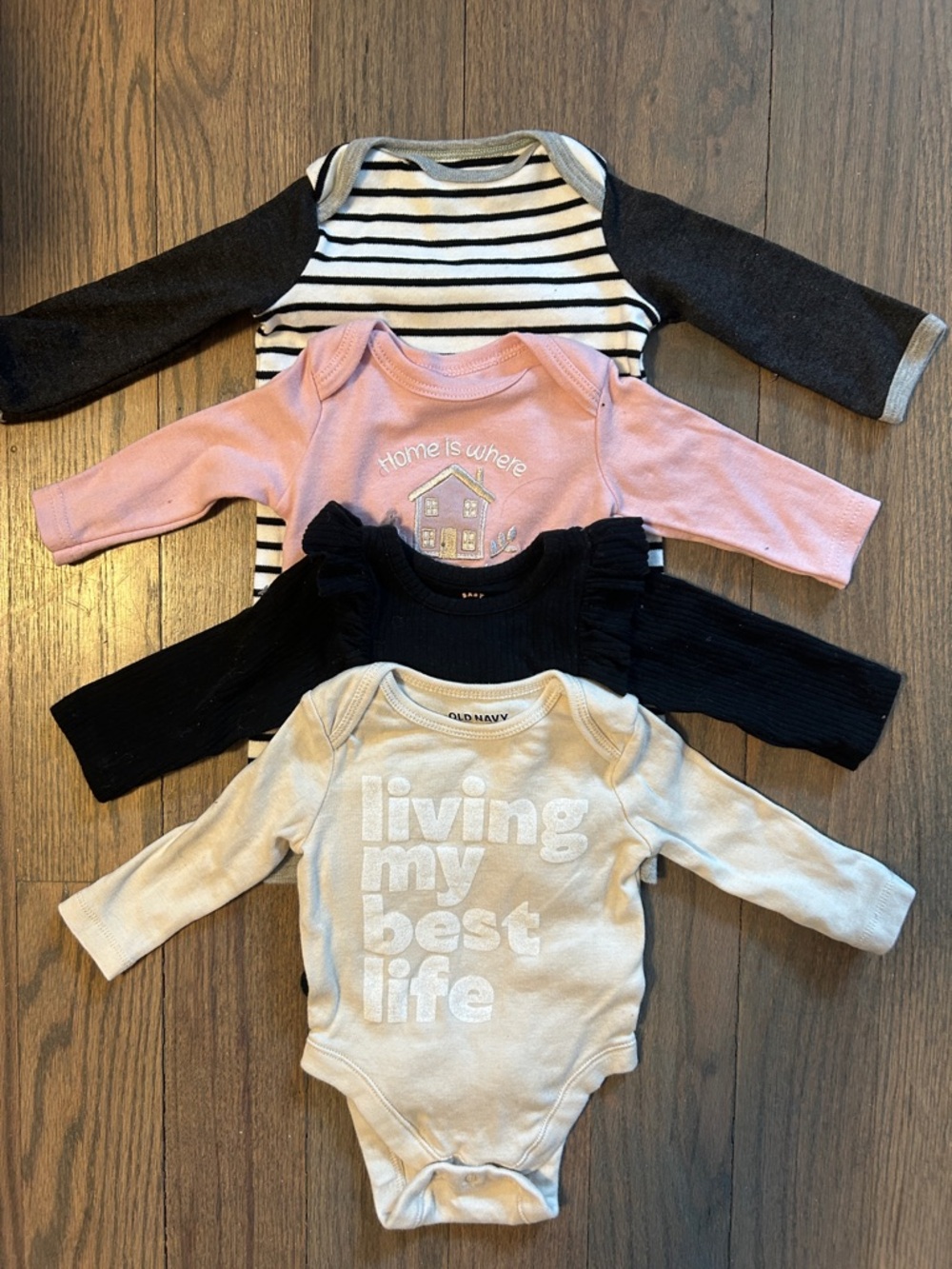 4-Pack Baby Girl Long Sleeve Onesies - Stripes, Pink, Black, Cream